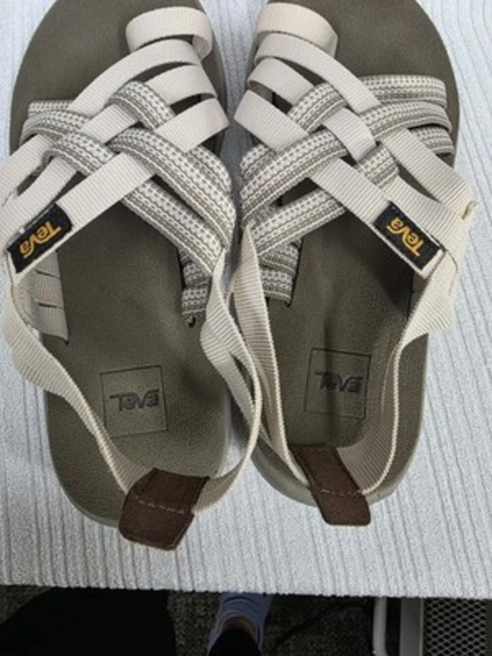 Teva woman's Strappy Sandals Slip-On Striped Beige/Gray/Olive US 6 EU 37